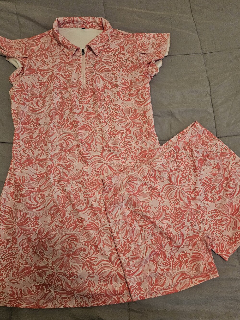 SONEVEN Pink Floral Short Sleeve Polo Dress amd Short set